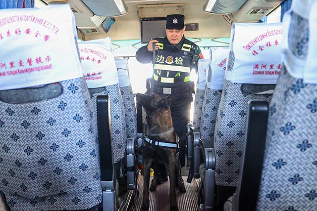 排爆犬“江銳”查驗(yàn)國(guó)際客車。李發(fā)春攝
